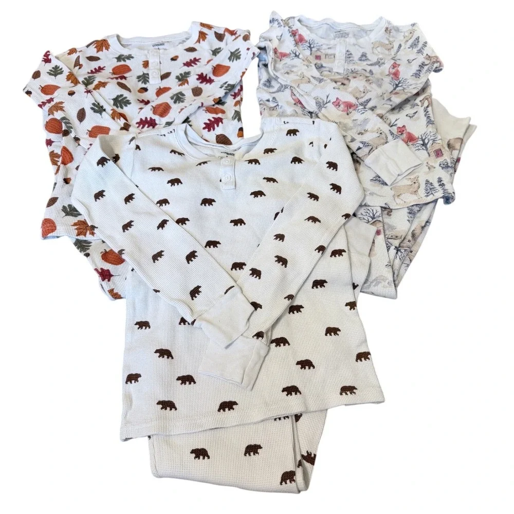 Gymboree Kids Size 8 Organic‎ Cotton Thermal Pajamas Set of 3 Fall Winter Prints